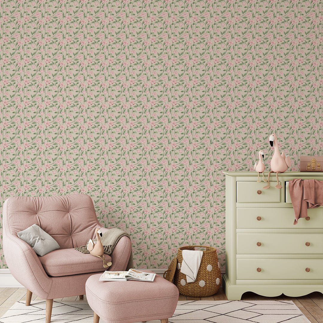 Papier peint campanule beige et rose