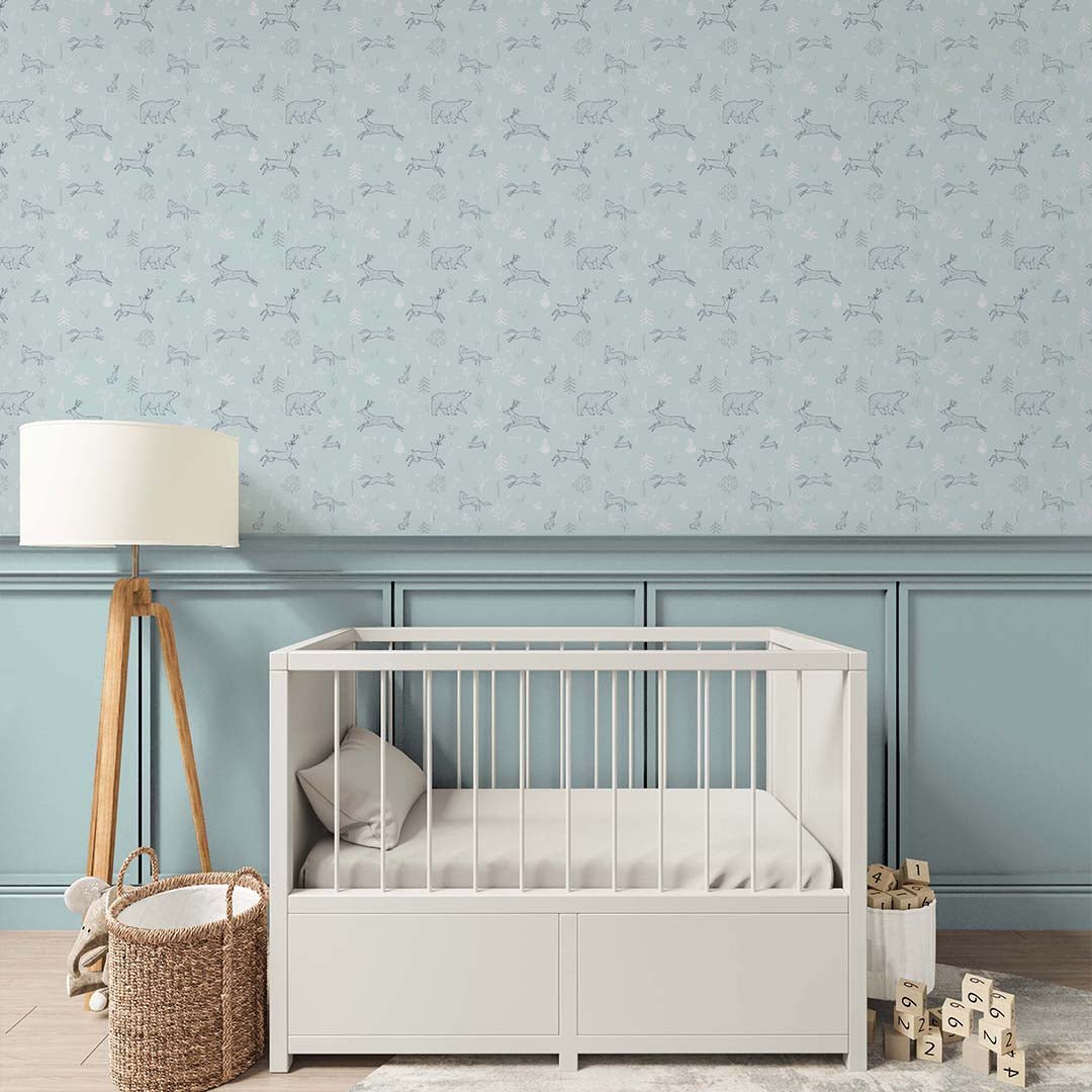 Papier peint animaux de la forêt bleu menthe
