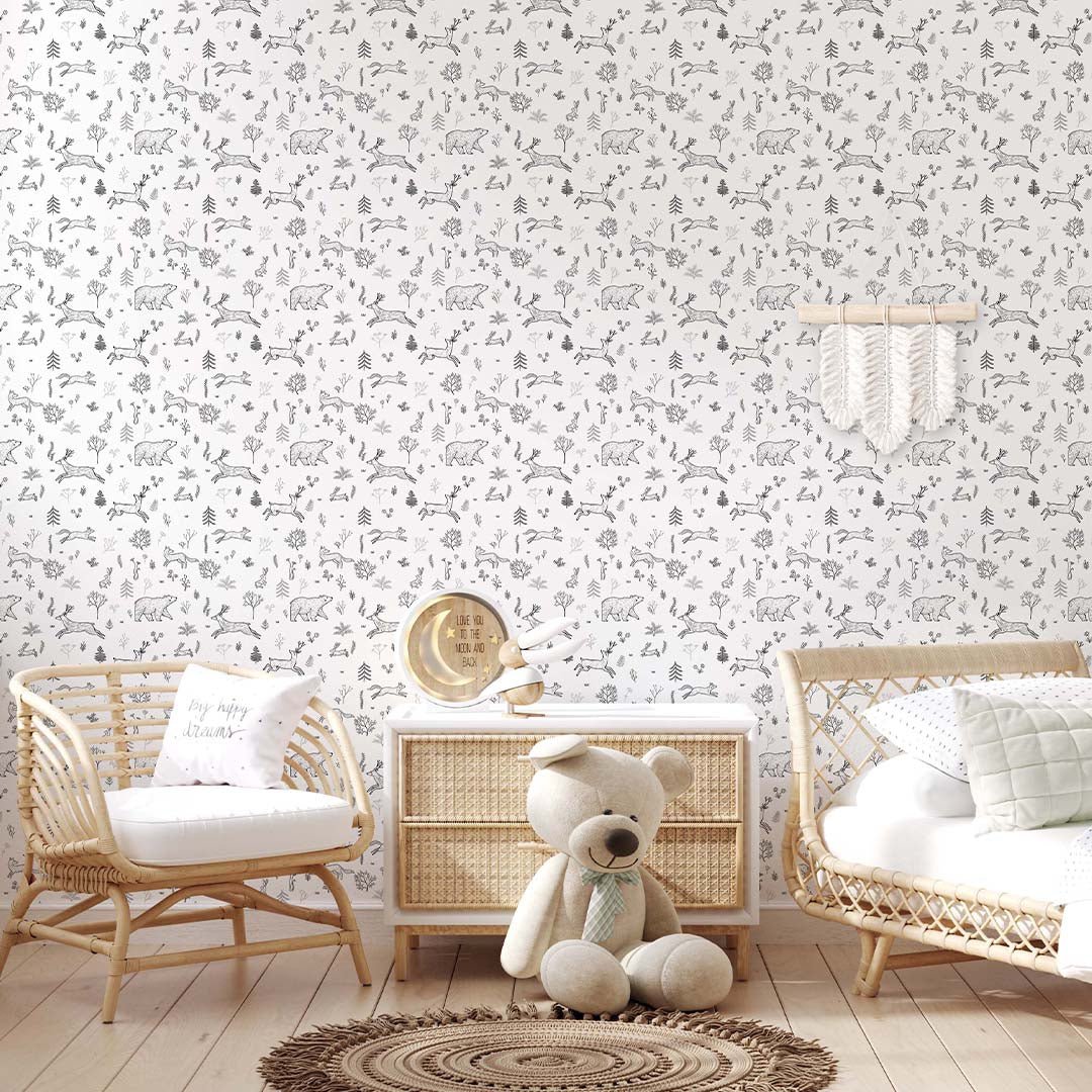 Papier peint animaux de la forêt en noir et blanc