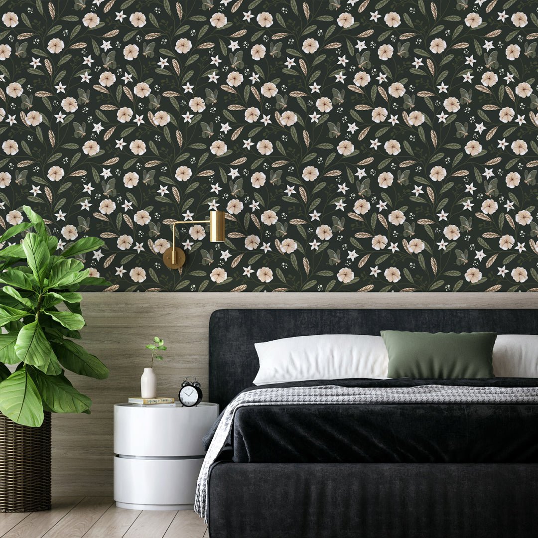 Papier peint floral vert foncé et beige