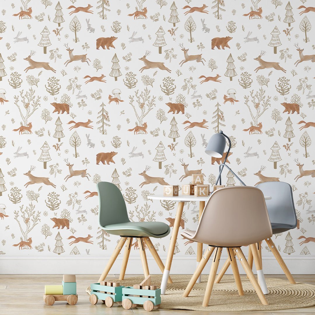 Papier peint animaux de la forêt beige et marron