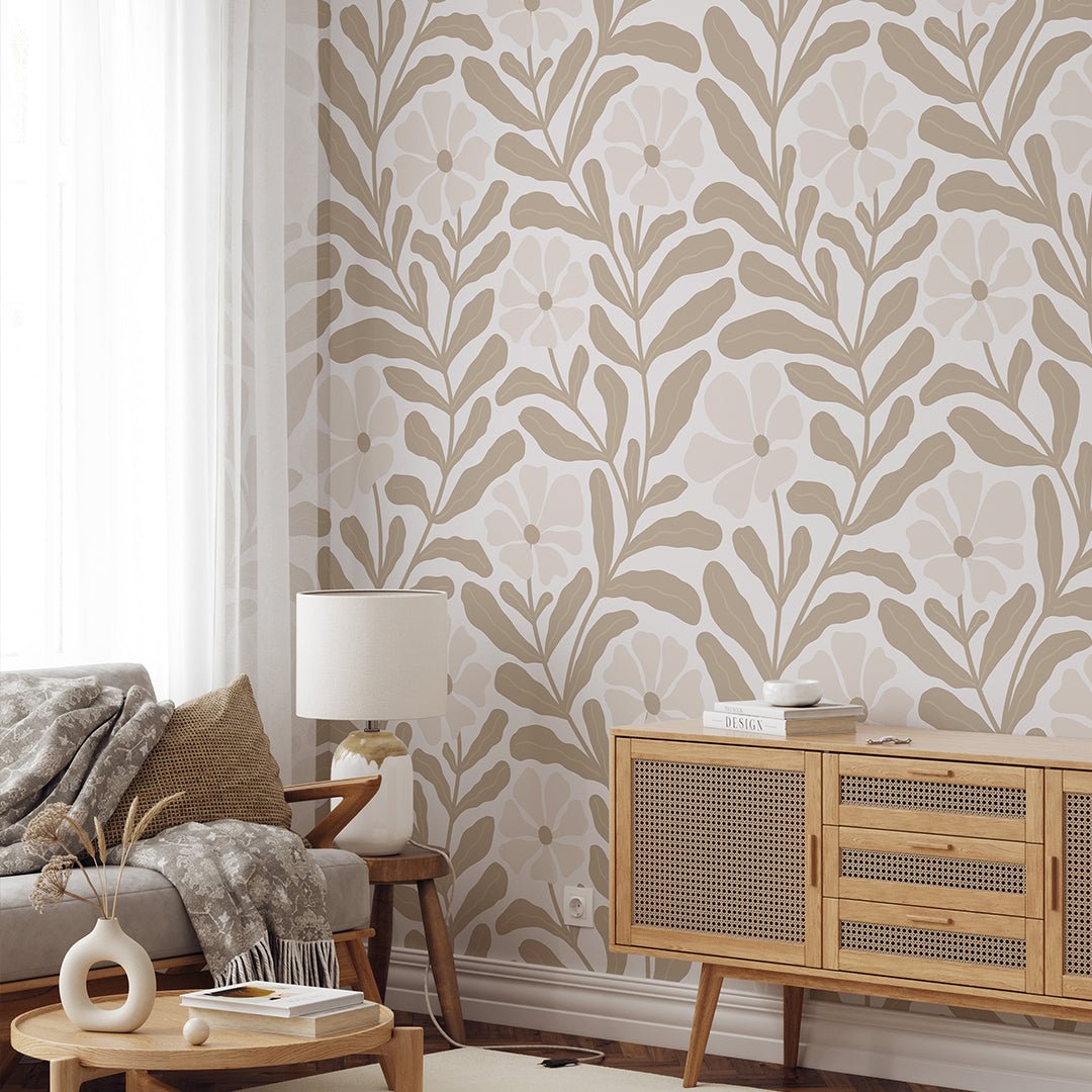 Papier peint floral beige botanique