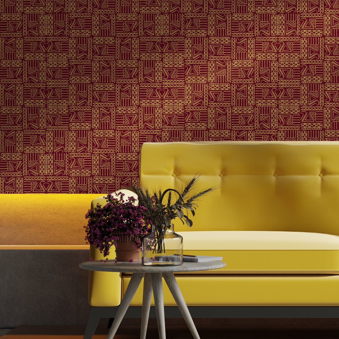Papier peint bordeaux à symboles africains