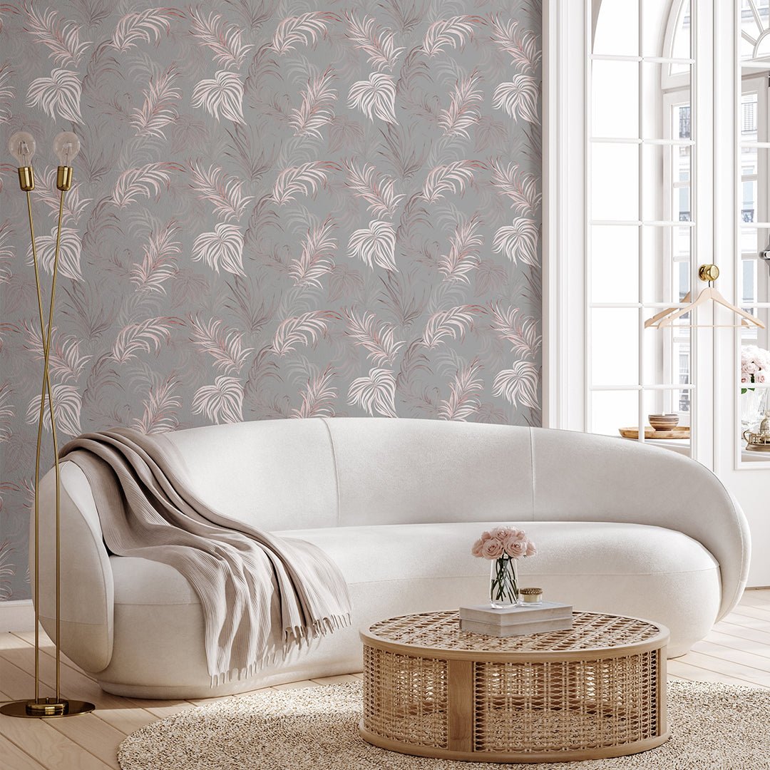 Papier peint à feuilles de palmier grises et roses