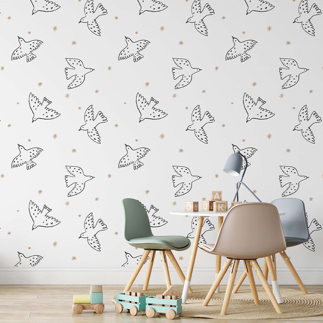 Papier peint Oiseaux noirs et étoiles