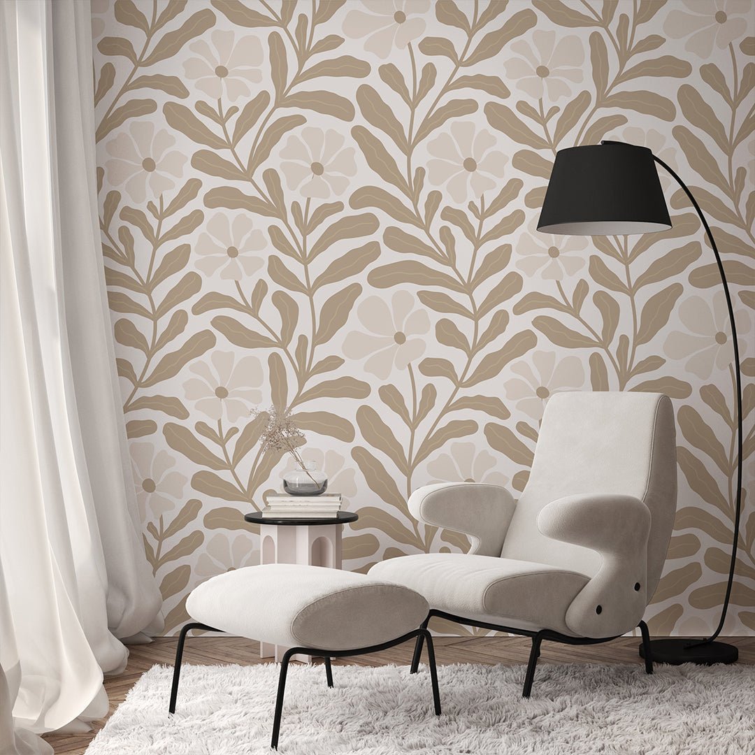 Papier peint floral beige botanique
