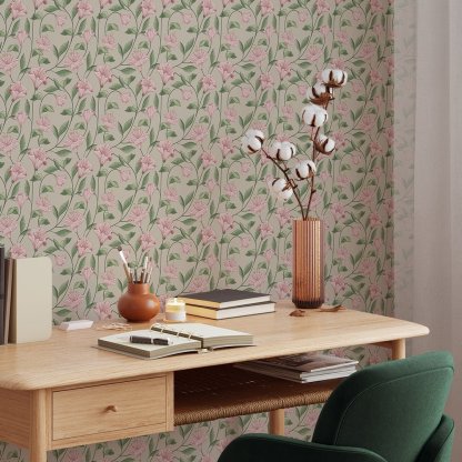 Papier peint campanule beige et rose