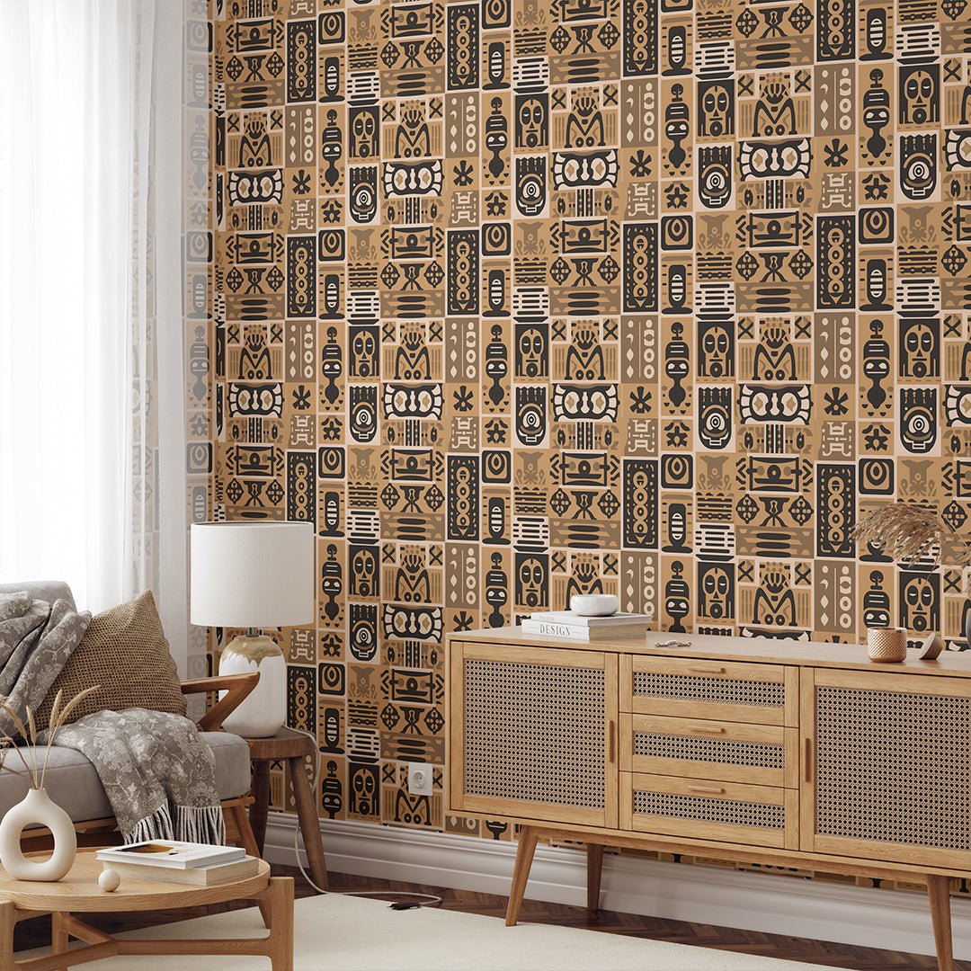 Papier peint motifs africains beige et brun