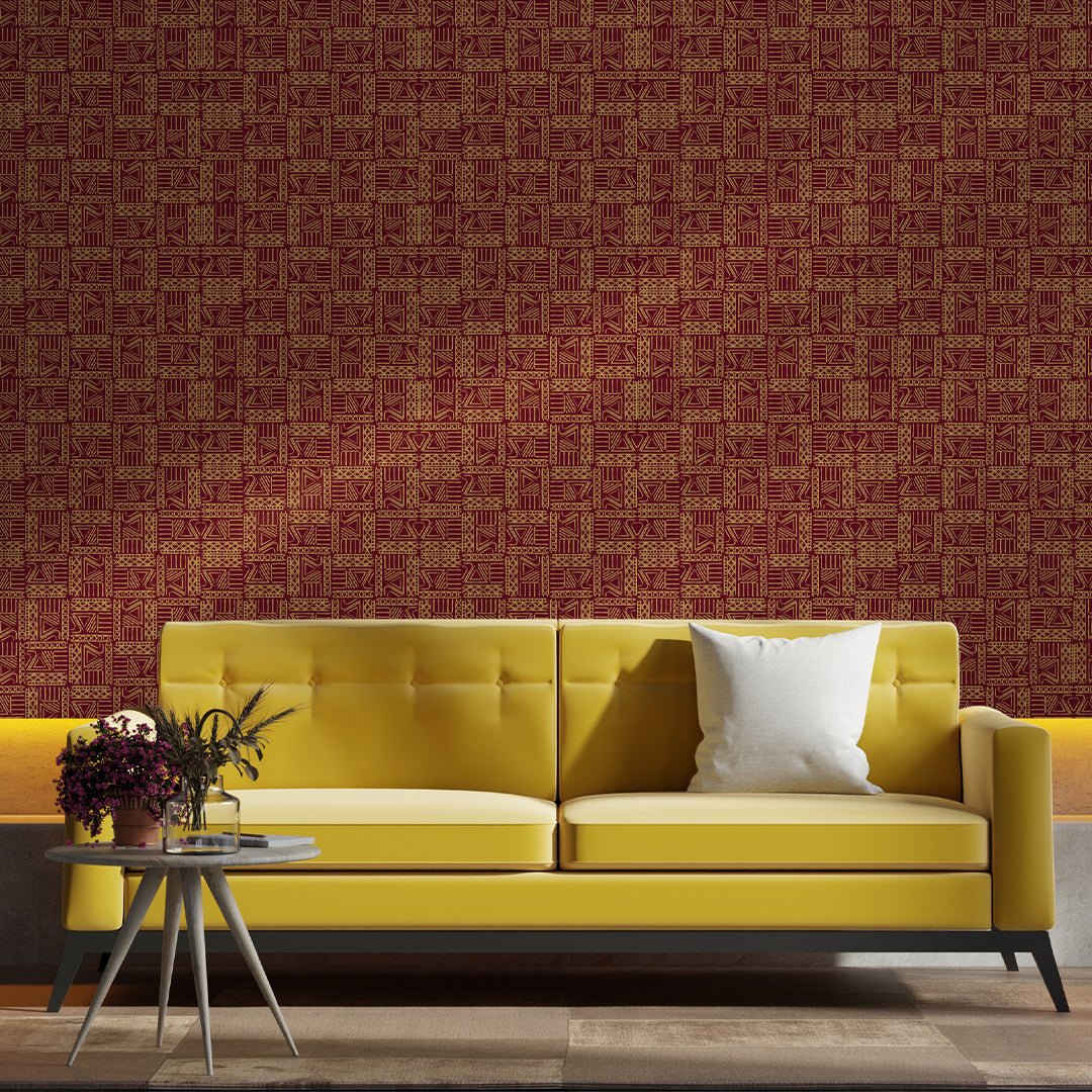 Papier peint bordeaux à symboles africains