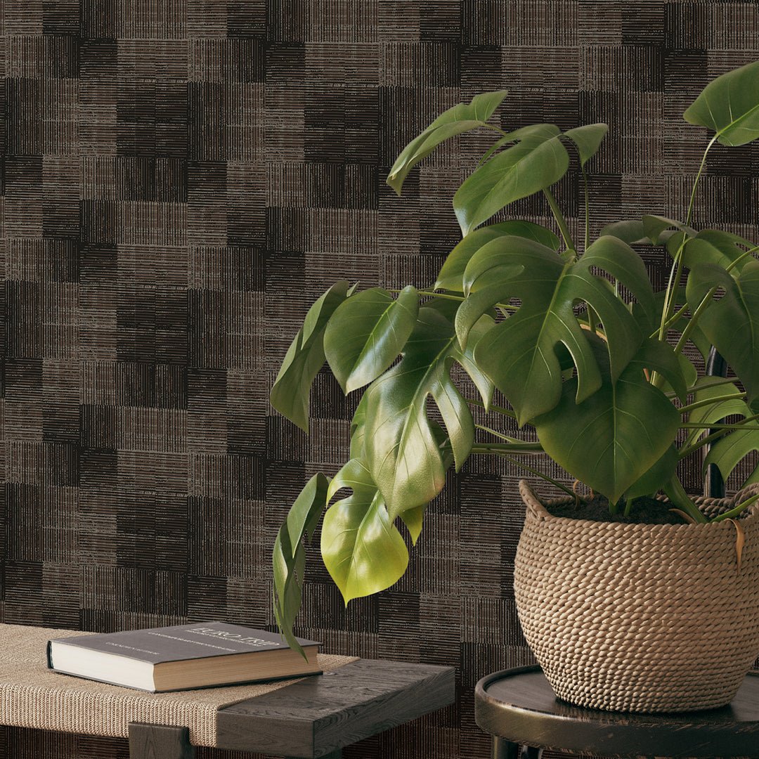 Papier peint en fibre végétale à carreaux marron foncé
