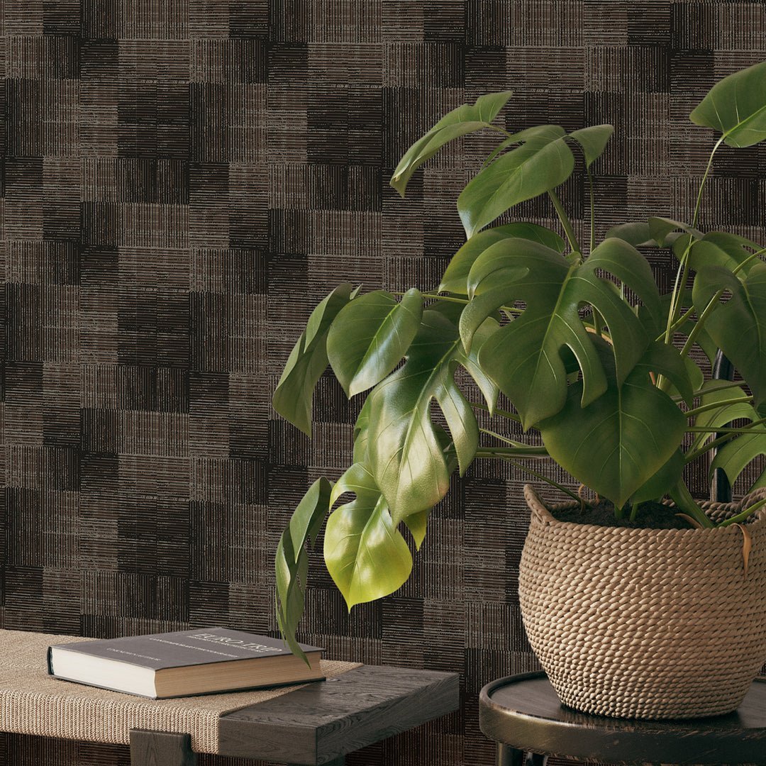 Papier peint en fibre végétale à carreaux marron foncé