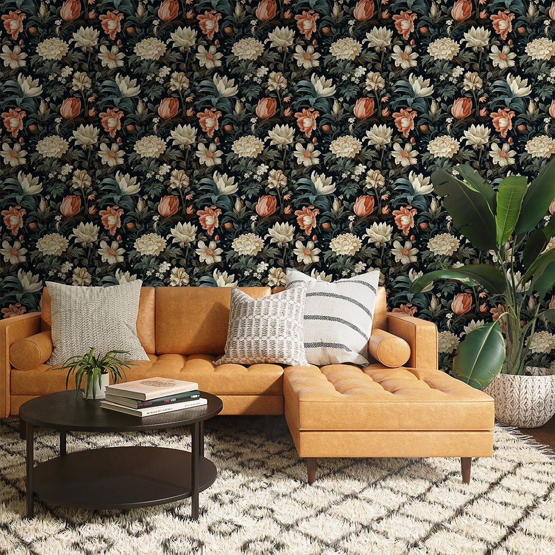 Papier peint fleurs et plantes foncées