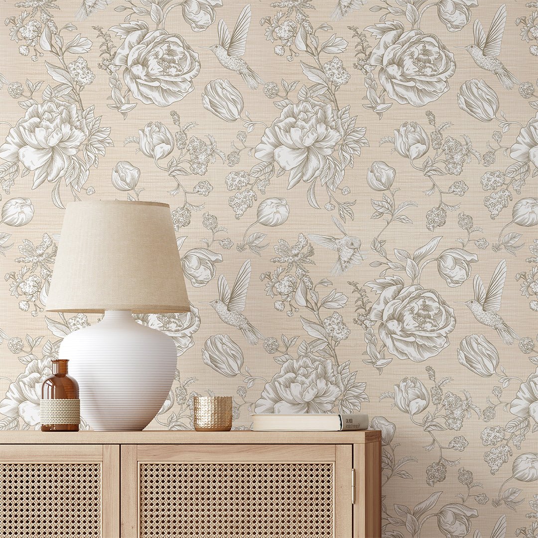 Papier peint en fibre végétale beige à motifs de fleurs et d'oiseaux