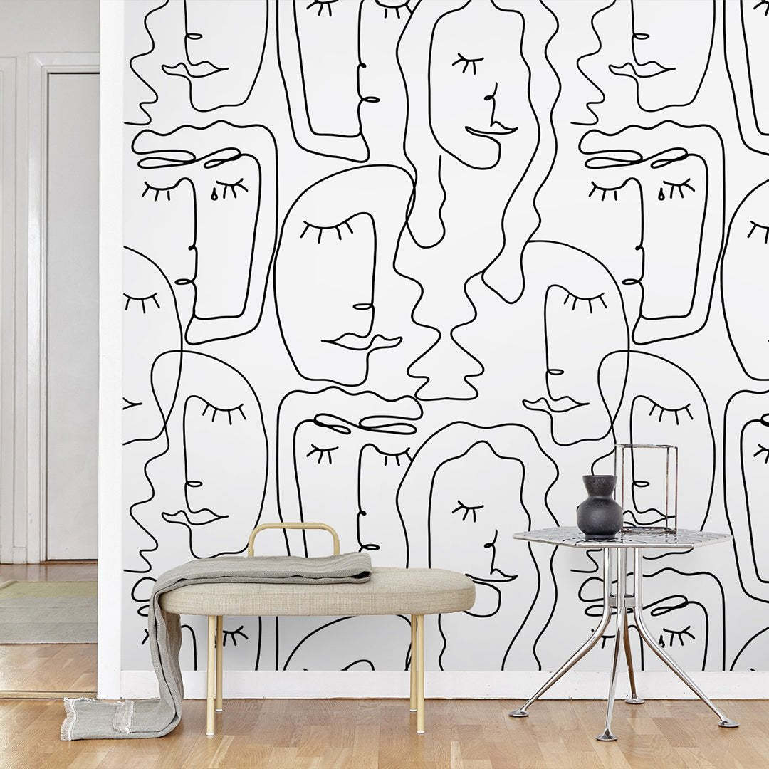 Papier peint abstrait en noir et blanc, motif d'un visage de femme