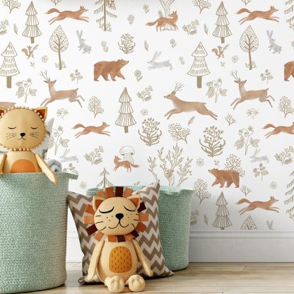 Papier peint animaux de la forêt beige et marron