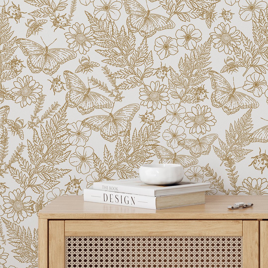 Papier peint beige papillons et plantes