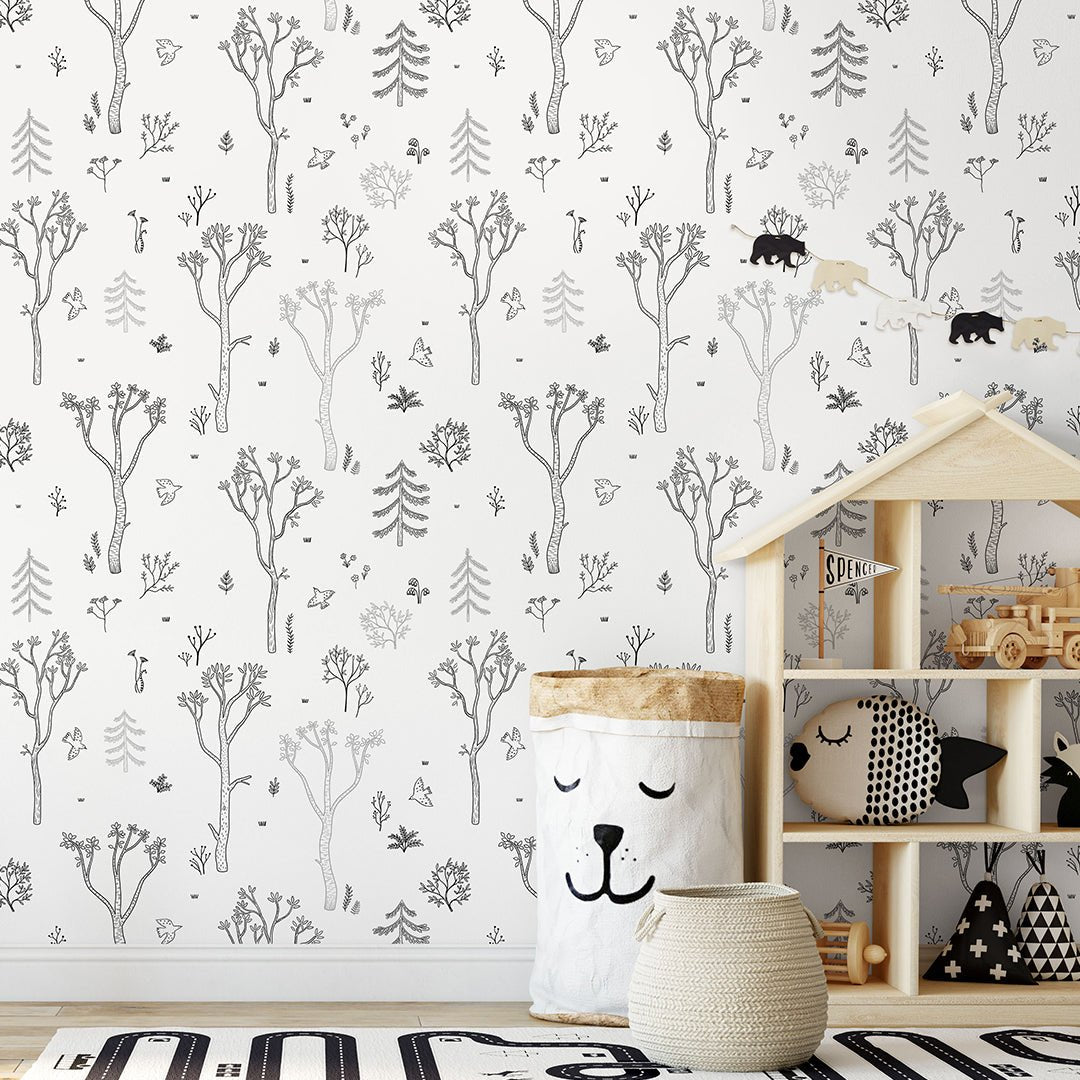 Papier peint forêt d'arbres noir et blanc