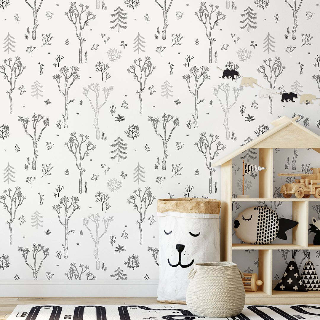 Papier peint forêt d'arbres noir et blanc