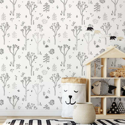 Papier peint forêt d'arbres noir et blanc