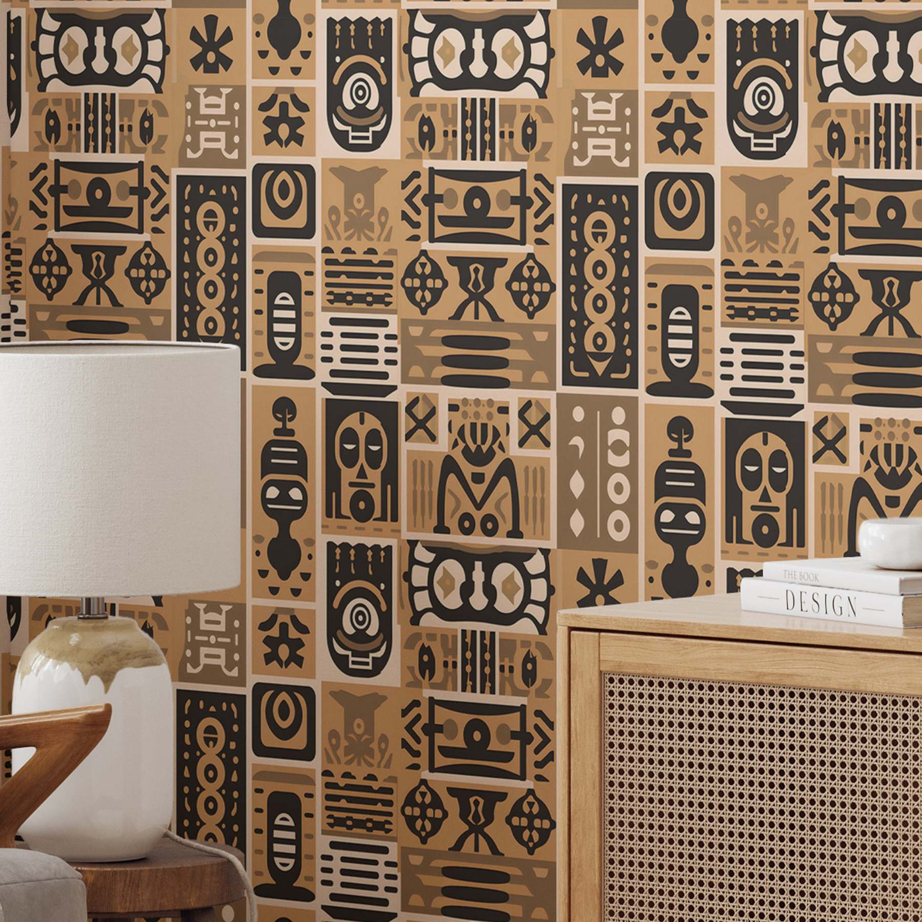 Papier peint motifs africains beige et brun