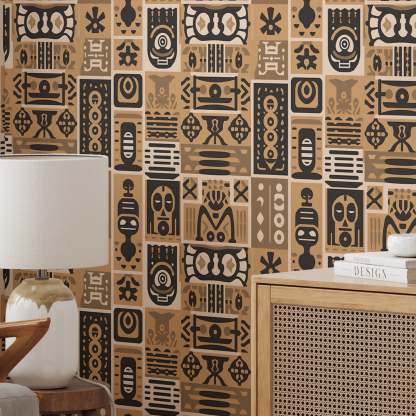 Papier peint motifs africains beige et brun