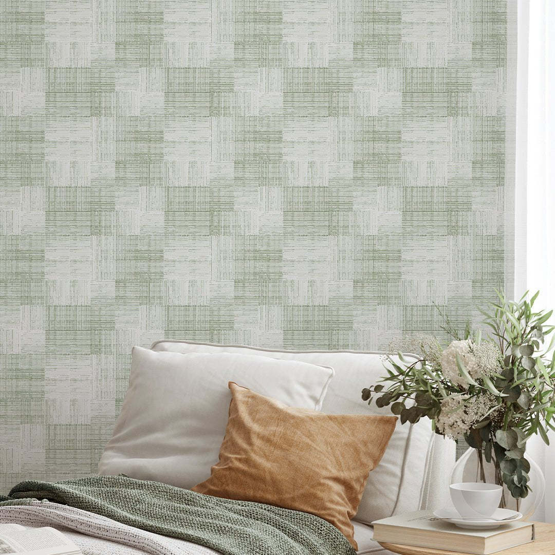 Papier peint fibres végétales à carreaux vert tendre