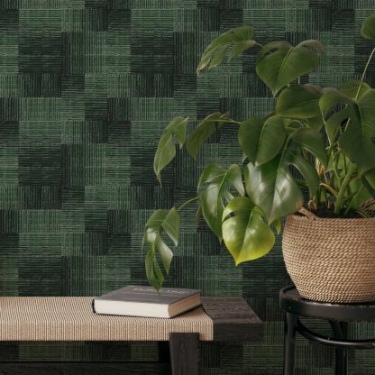Papier peint fibres végétales à carreaux vert foncé