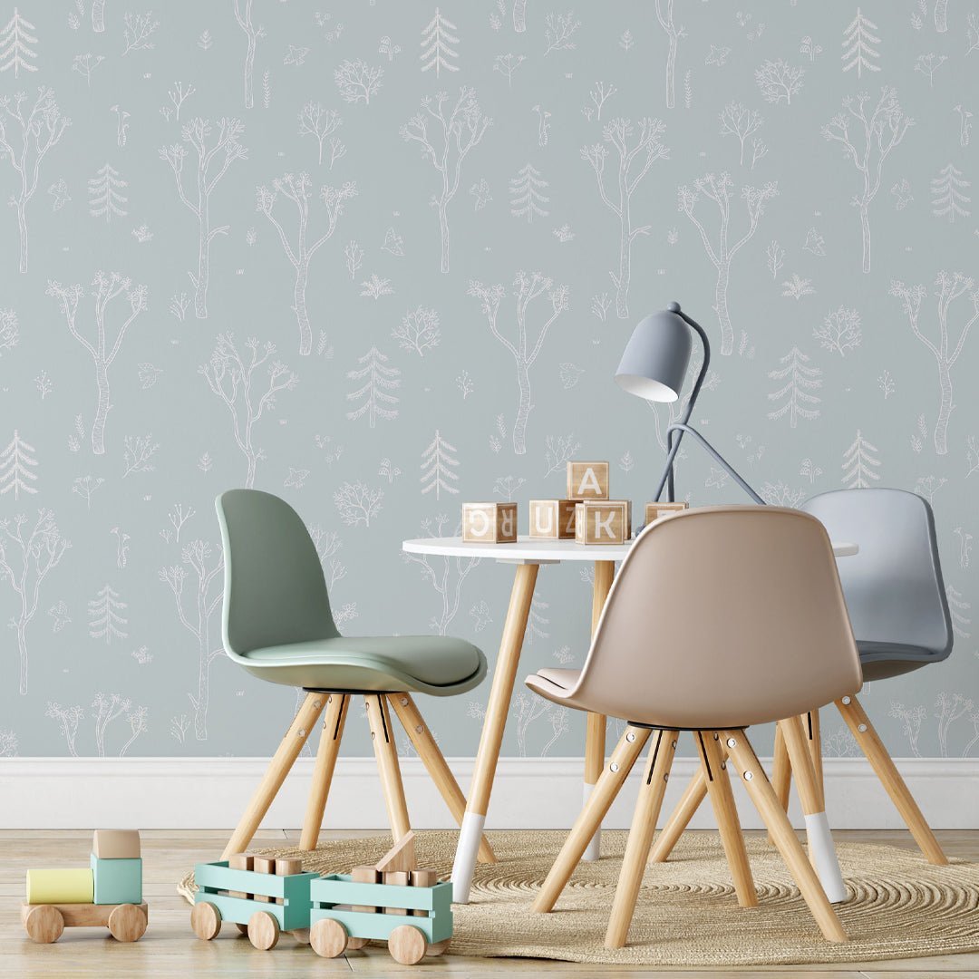 Papier peint forêt d'arbres bleus et blancs