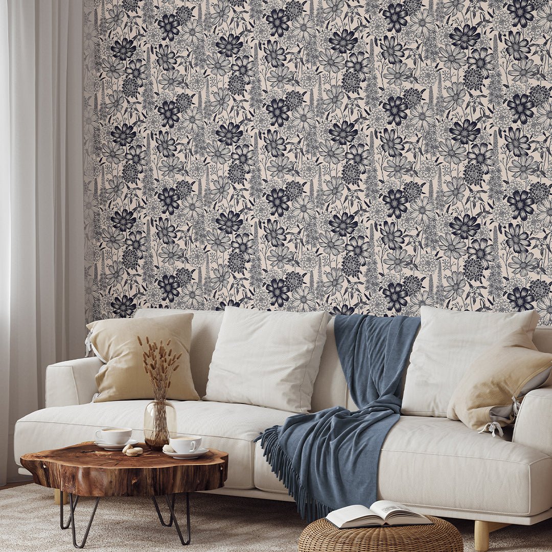 Papier peint à fleurs sauvages beige et noir