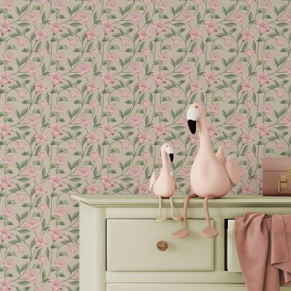 Papier peint campanule beige et rose
