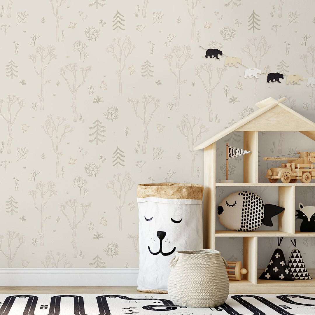 Papier peint forêt d'arbres beige et marron