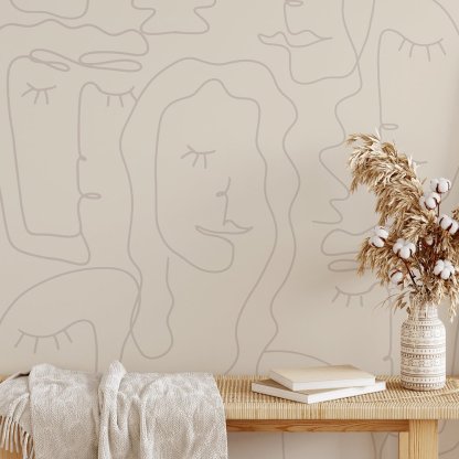Papier peint beige abstrait à visage féminin