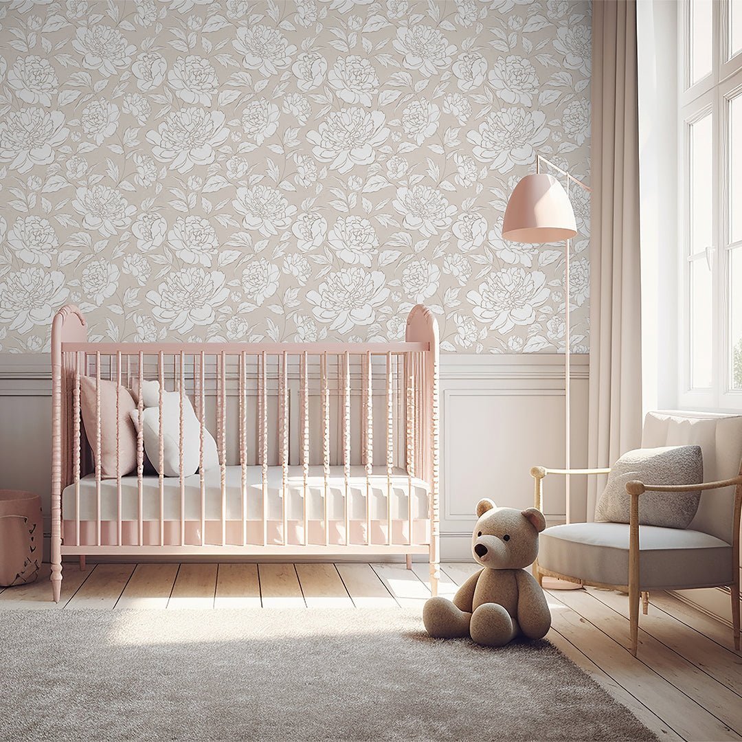 Papier peint à fleurs de pivoines beiges