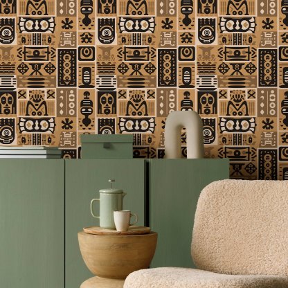 Papier peint motifs africains beige et brun