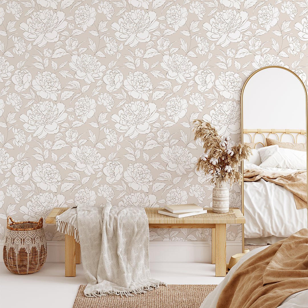 Papier peint à fleurs de pivoines beiges