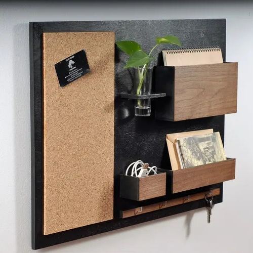 Tableau de messages mural avec étagère bois noyer noir