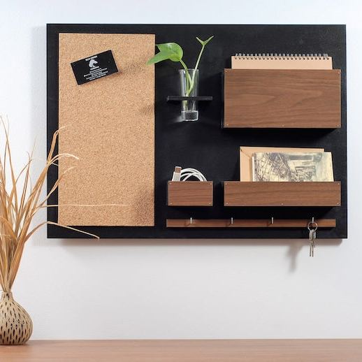 Tableau de messages mural avec étagère bois noyer noir