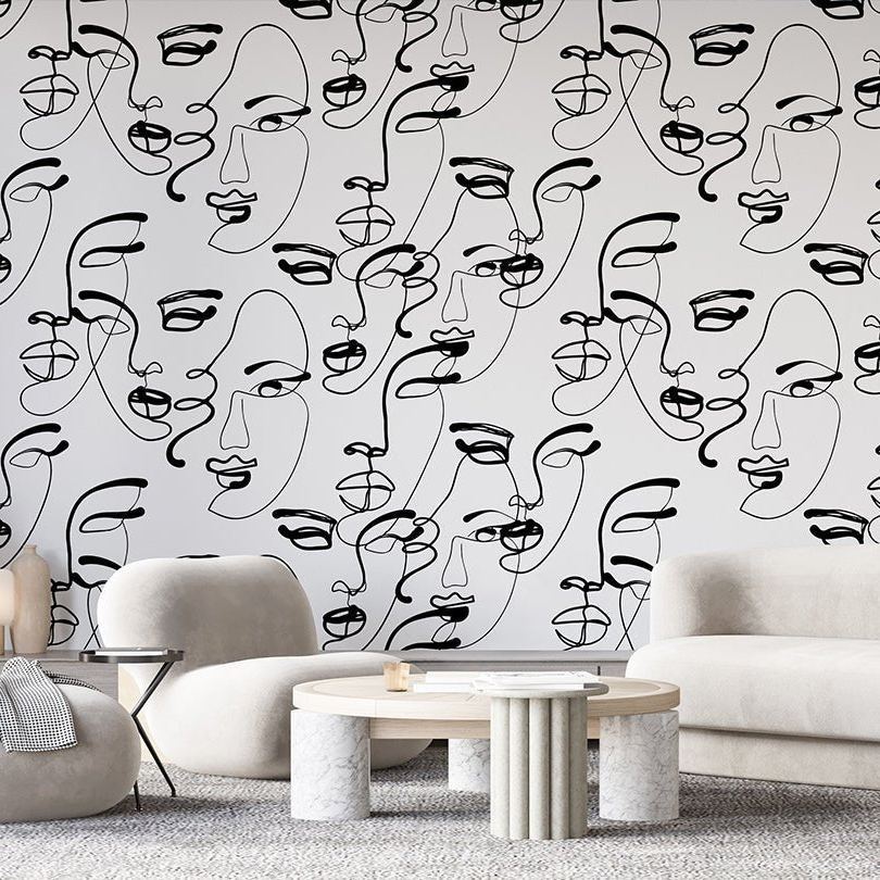 Papier peint à motif de visage féminin en noir et blanc