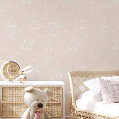 Papier peint oiseaux blanc cassé