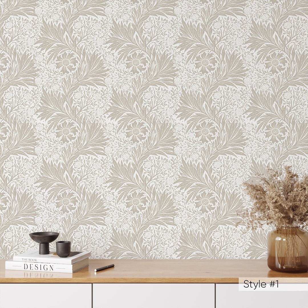 Beige & Green Marigold by Morris Wallpaper W129 - CostaCover - Peel and stick Removable Wallpaper - abstract floral - abstract wallpaper - accent wallpaper