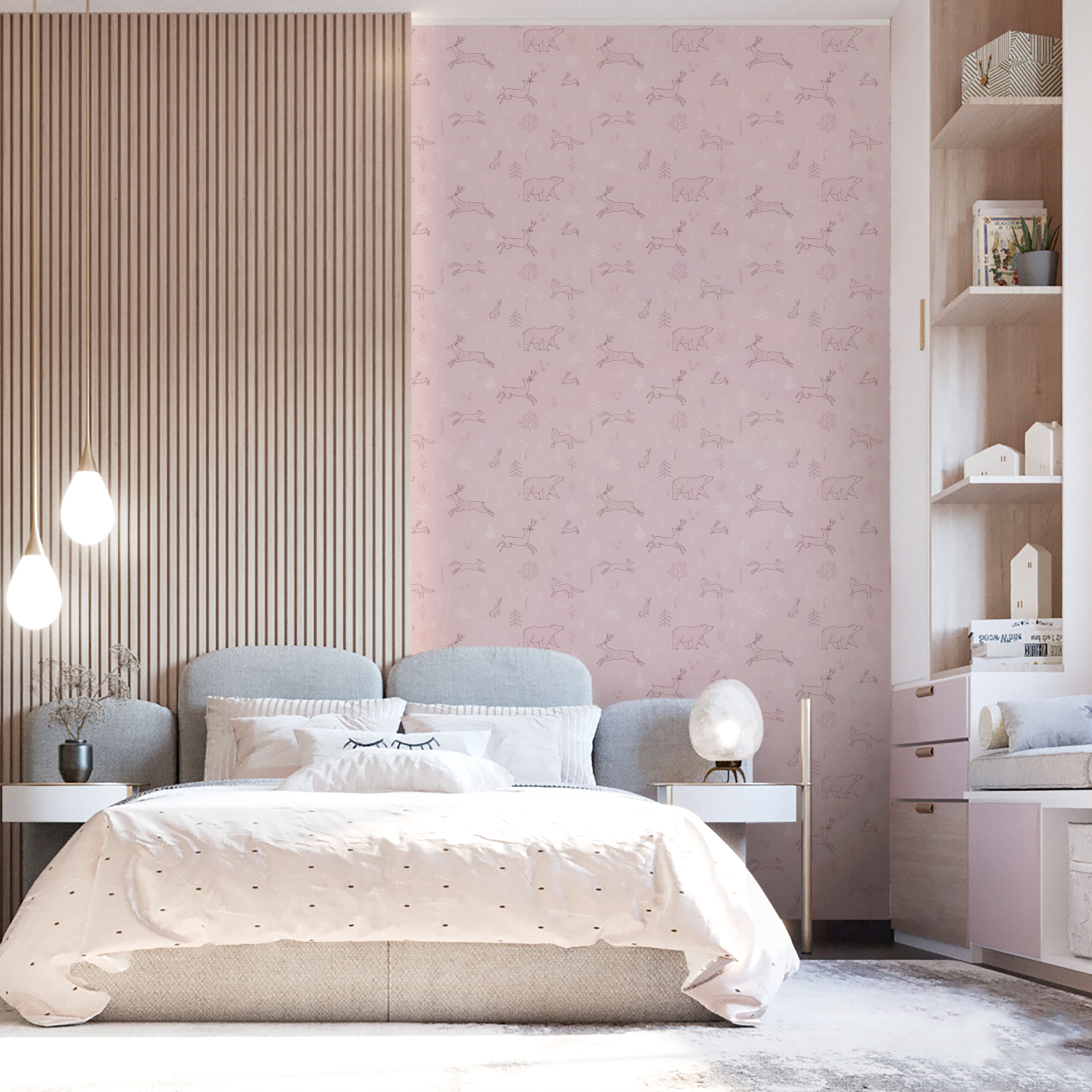 Papier peint animaux de la forêt rose