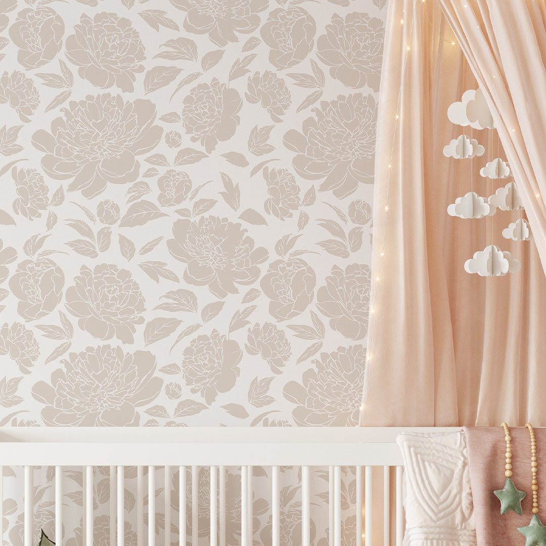 Papier peint à fleurs de pivoines beige nude