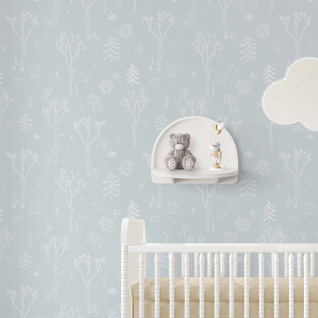 Papier peint forêt d'arbres bleus et blancs