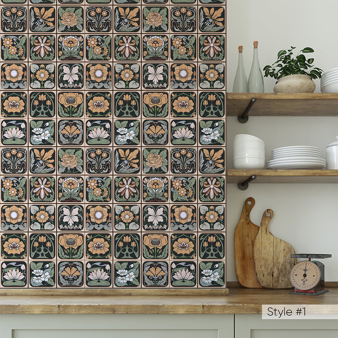 Floral Tiles Vintage Wallpaper CC315 - CostaCover-Peel and stick Removable Wallpaper-abstract floral-abstract wall art-abstract wallpaper