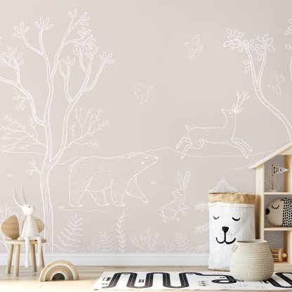 Papier peint mural animaux de la forêt blanc cassé