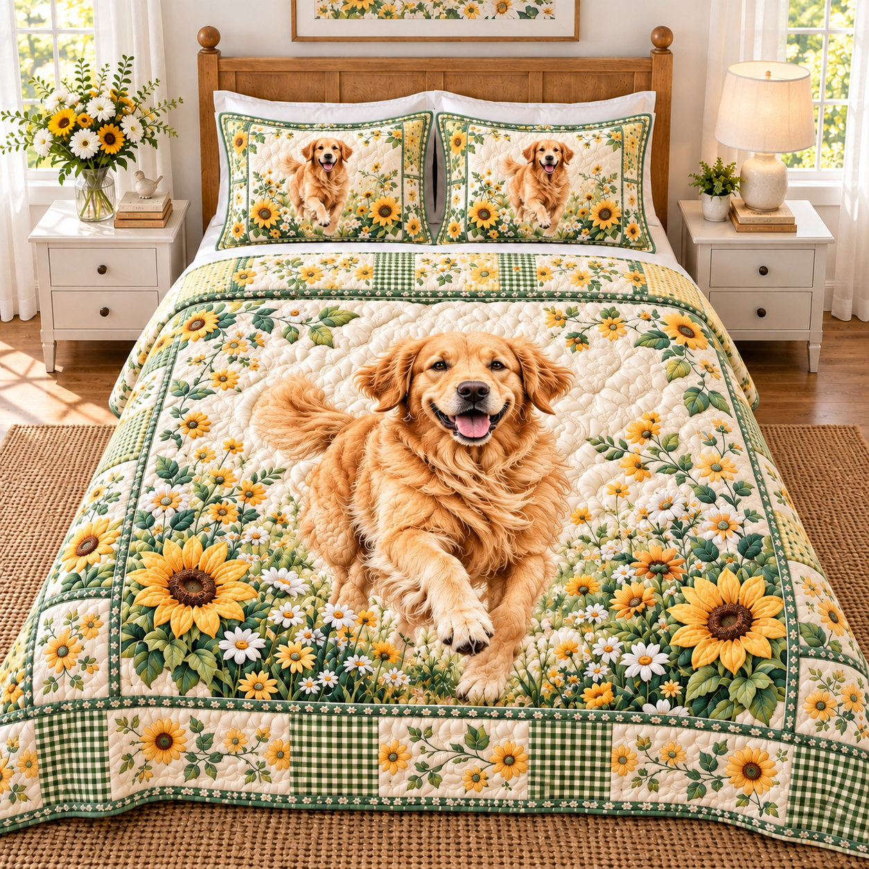 Golden Retriever Sunflower Green Gingham Quilted Bedding 3 Piece Set