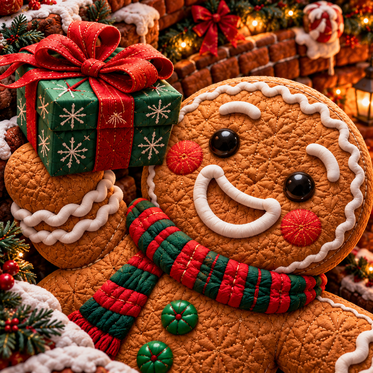Close-up of gingerbread man on Christmas quilted round floor mat showing icing smile, red green scarf, wrapped present and dimensional holiday illustration