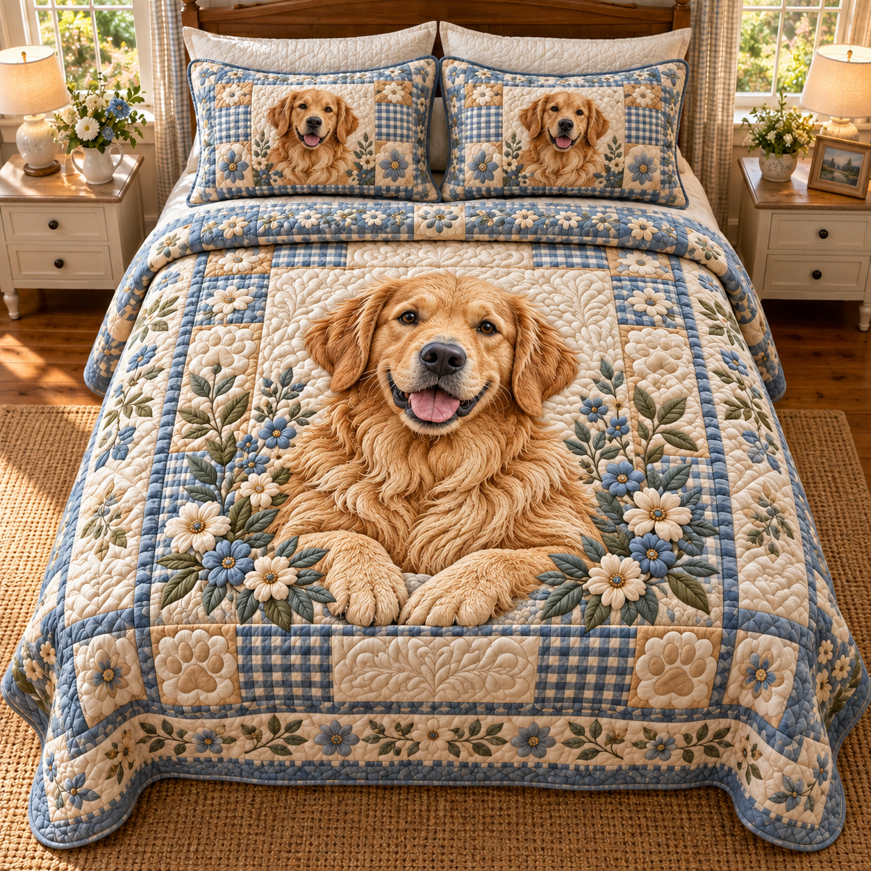 Golden Retriever Blue Gingham Daisy Patchwork Quilted Bedding 3 Piece Set - Main Image