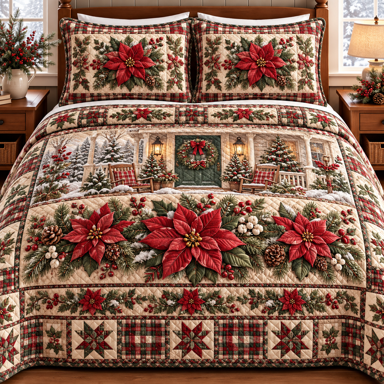 Christmas Poinsettia Quilted Bedding 3 Piece Set with red poinsettias, snowy porch scene, pinecones, berries, plaid holiday patchwork and two matching pillow shams