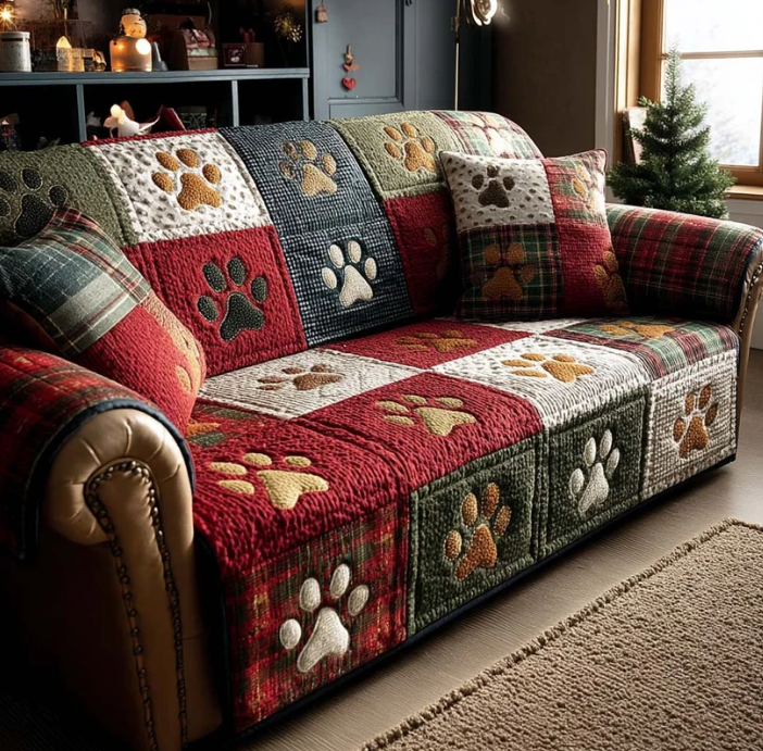 Vintage Blue Pet Paw Sofa Throw, Patchwork Quilted Couch Cover